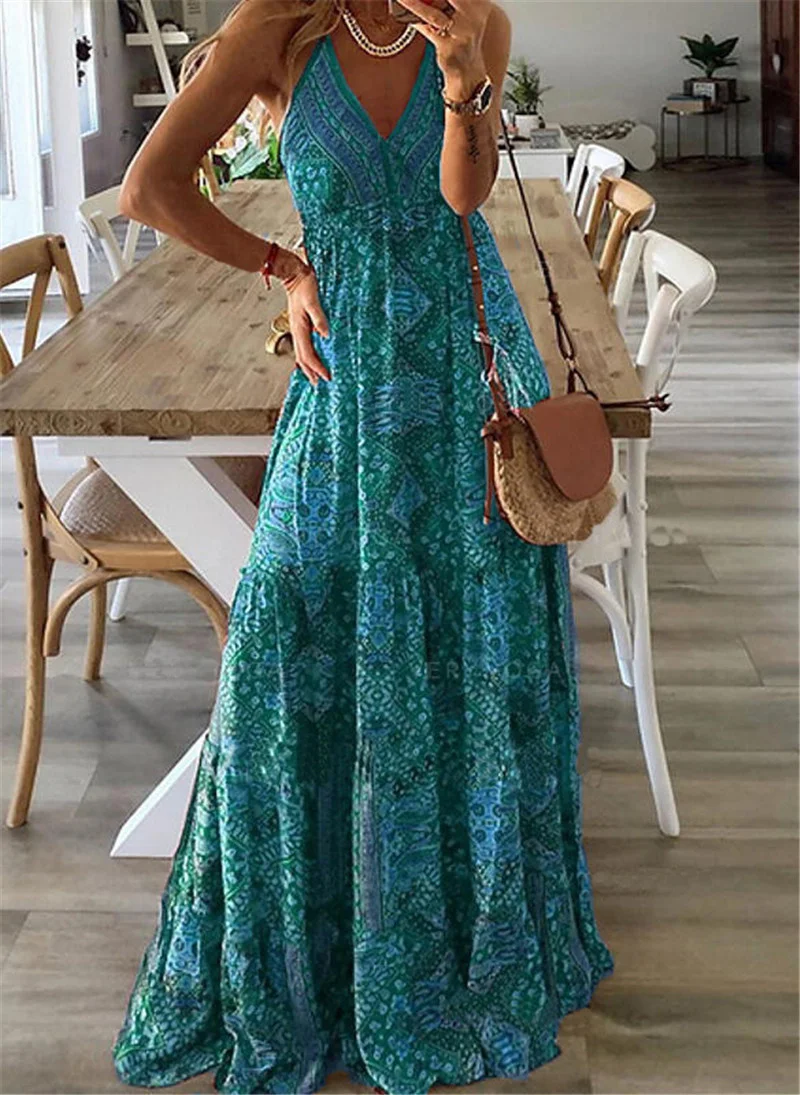 

Summer Bohemian Style Print Long Dress Female Sexy Deep V Neck Suspenders Dressy Women Elegant Commuter High Waist Princess Gown