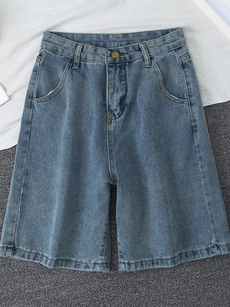 Fitaylor-pantalones cortos de mezclilla de pierna ancha para mujer, Shorts informales de cintura alta y color azul, ropa de calle lisa, Bermudas vaqueras de estilo veraniego, 2022