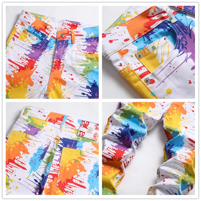 Fashion Men White Colorful Print Hip Hop Jeans 2023Spring Mens Slim Fit Denim Pants Streetwear Harajuku Jean Trousers Jean Blanc
