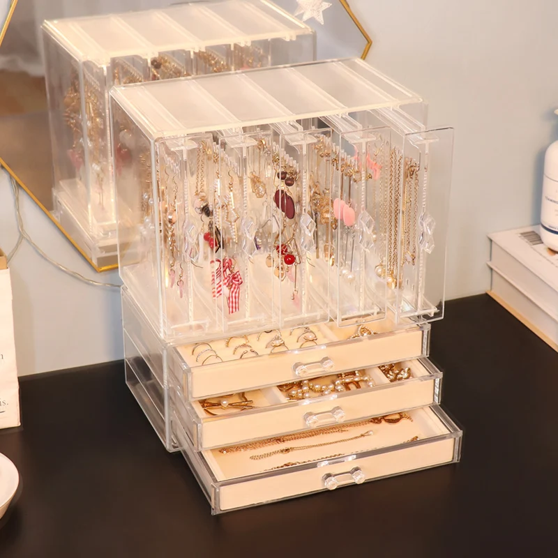 Luxury Jewelry Organizer Hanging Earring Storage Box Transparent Acrylic Stand Necklace Ring Display Desktop Jewelry Box Case