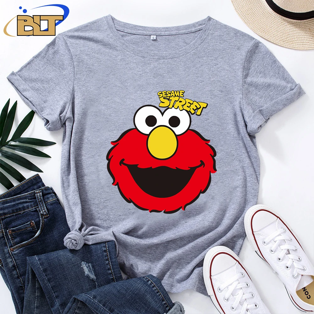 Женская футболка с принтом Улица Сезам повседневная серая хлопковая коротким