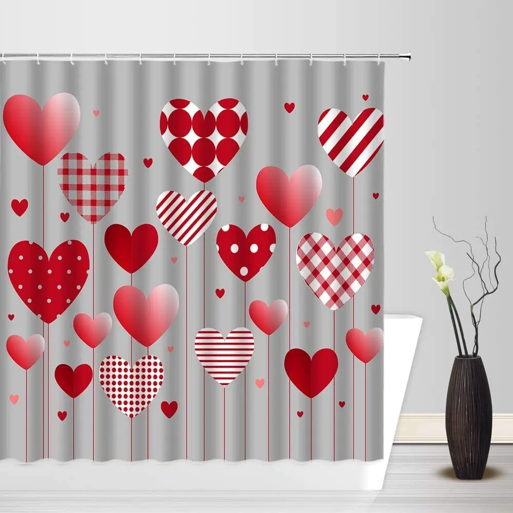

Valentine's Day Shower Curtain Red Heart with Buffalo Plaid Geometry Stripe Polka Dots Creative Balloon Waterproof Bath Curtains