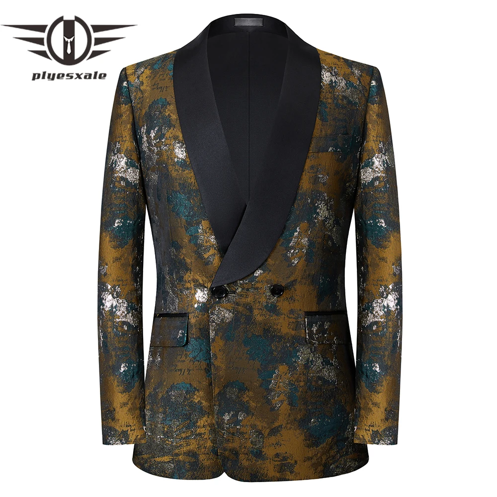 

Plyesxale Shawl Collar Tie-dye Jacquard Blazer For Men Stylish Mens Wedding Floral Blazers Jacket Prom Party Stage Wear Q1466