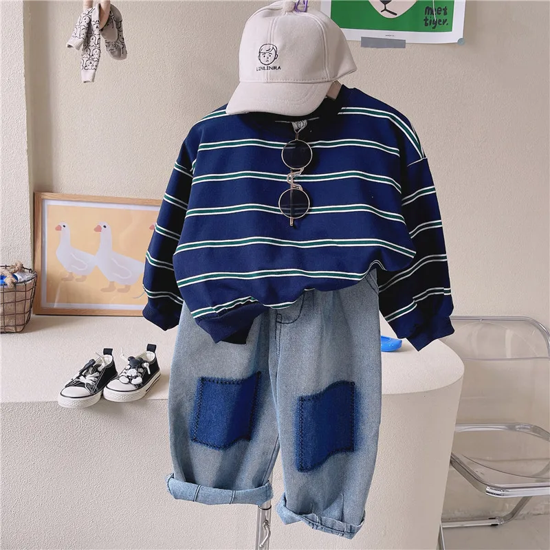 

2023 Apring Autumn Toddler Boy 2PCS Clothes Set Cotton Striped Sweatshirt Casual Patched Jeans Pant Baby Boy Suit Kid Boy Outfit