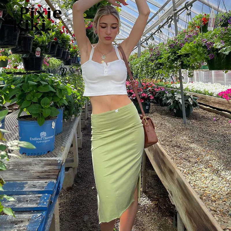 

PixieKiki Light Green Side Slit Skirt for Women 2022 Elastic Waist Low Rise Midi Skirts Y2k 2000s Aesthetic Clothes P85-AG15