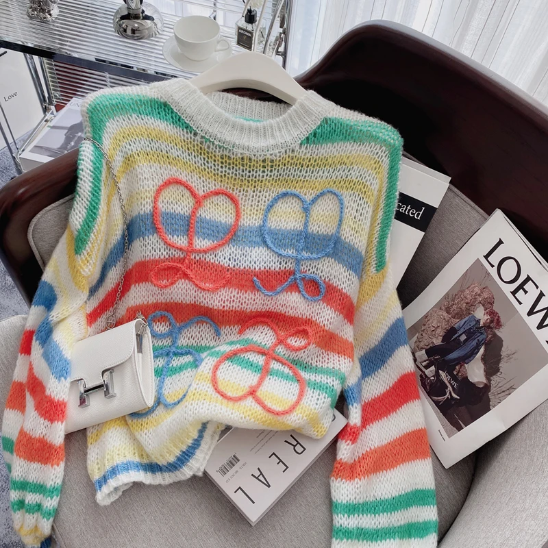 

Korean rainbow knited sweater for women thin hollow knit top full sleeve loose sweaters women early fall lantern sleeve pullover