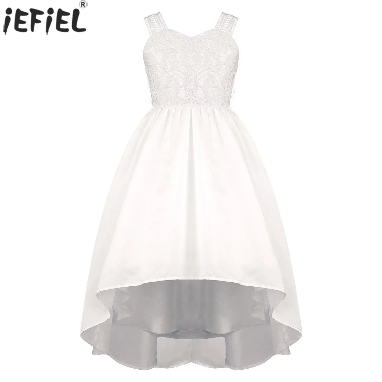 

Детское вечернее бальное платье для девочек, однотонное атласное платье с цветочным кружевным лифом и асимметричным пушистым подолом, плат...