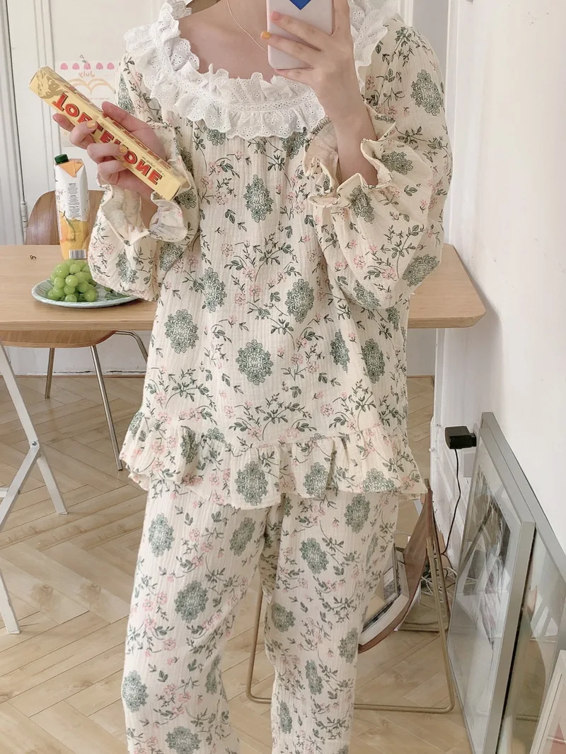 Women's Cotton Gauze Pajamas Fall Pullover Retro Printing Homewear Set Long Sleeve Trousers Suit Printing Fashion Set D475