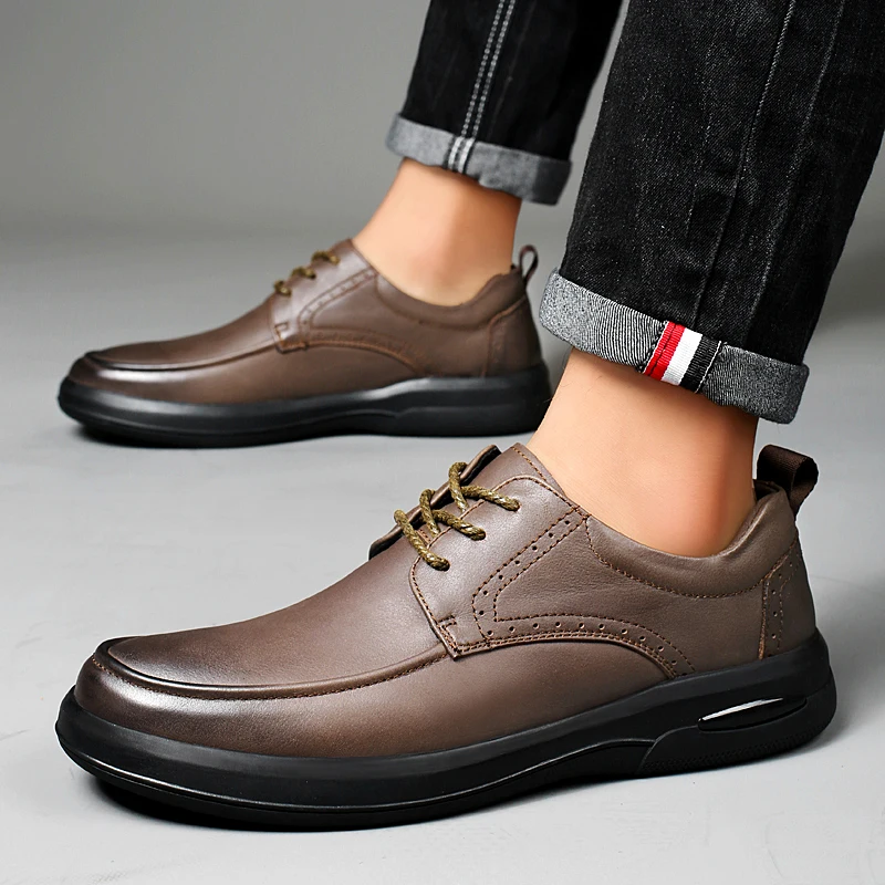 

2023 New Men Business Casual Shoes Genuine Leather Soft-Soled Non-Slip Lace-Up Loafers Breathable All-Match Footwear Dress Shoes