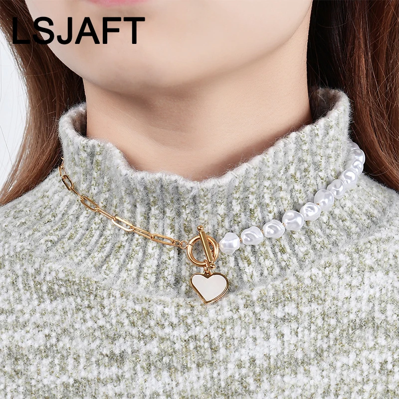 

Fashion Stainless Steel Shell Heart Imitation Baroque Freshwater Pearl OT Toggles Paperclip Sweater Chain Pendant Necklaces Gift