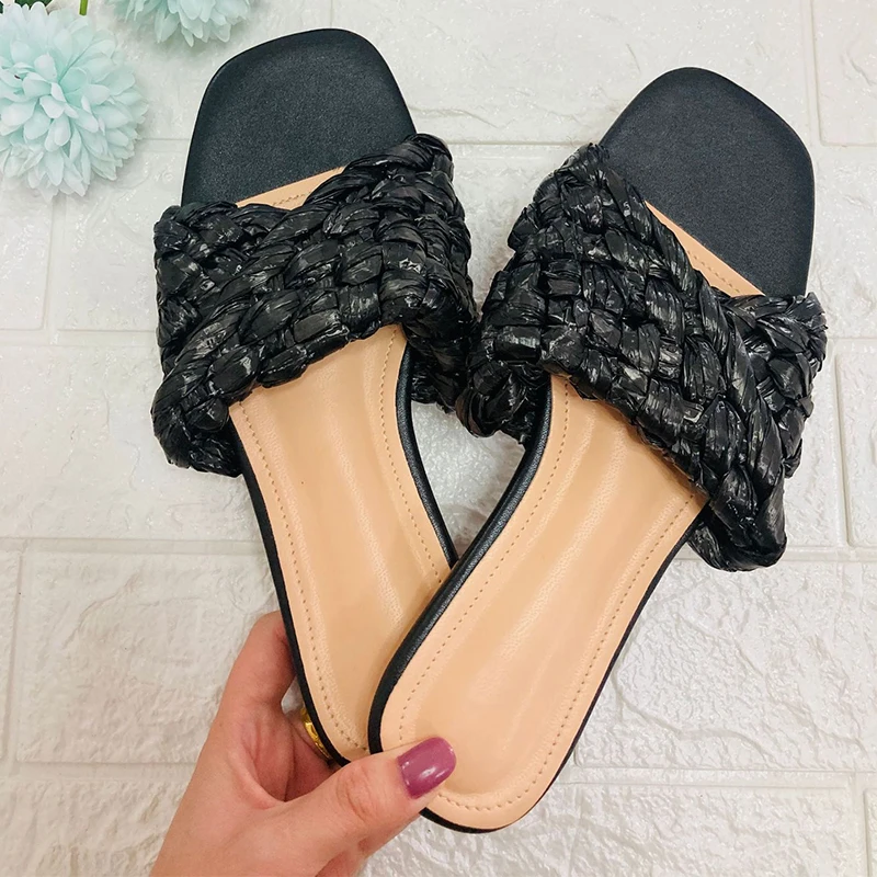 

Women Weave Slippers Summer Fashion Female Casual Comfort Outside Slides Ladies Elegant Square Toe Flats Plus Size 42