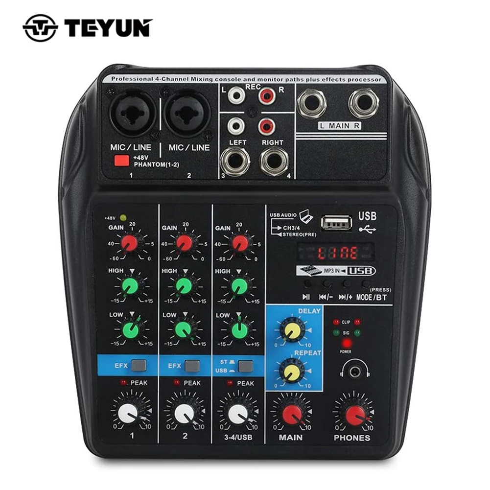 

Professional 4 Channel Audio Mixer Sound Mixing Console Amplifier Bluetooth USB Record Computer 48V Phantom Power Delay Repaeat