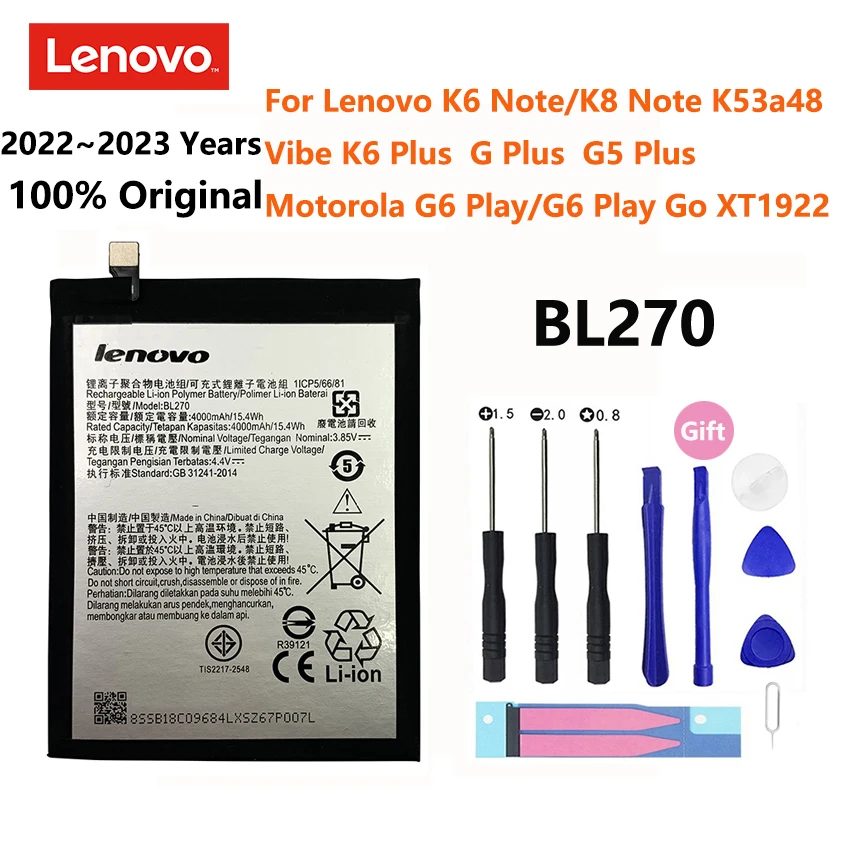 

100% Original 4000mAh BL270 Battery For Lenovo K6 K8 Note K53a48 Vibe K6 G G5 Plus For Motorola Moto G6 Play XT1922 Batteries