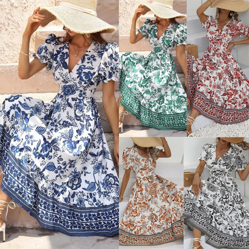 

Clothing Women's Midi Dress Short Sleeves Floral Print Elegant Maxi Dress Women 2023 V-Neck Casual Vacation Sundress