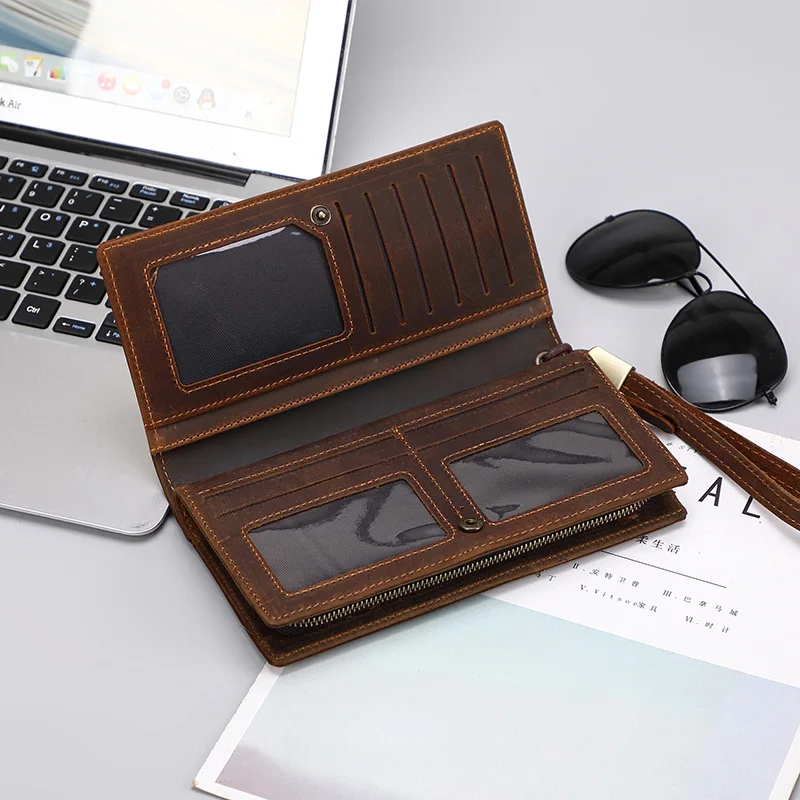 Men's First Layer Cowhide Leather Wallet Crazy Horse Leather Long Wallet Vintage Coin Purse Cowhide Clutch Leather Wallet