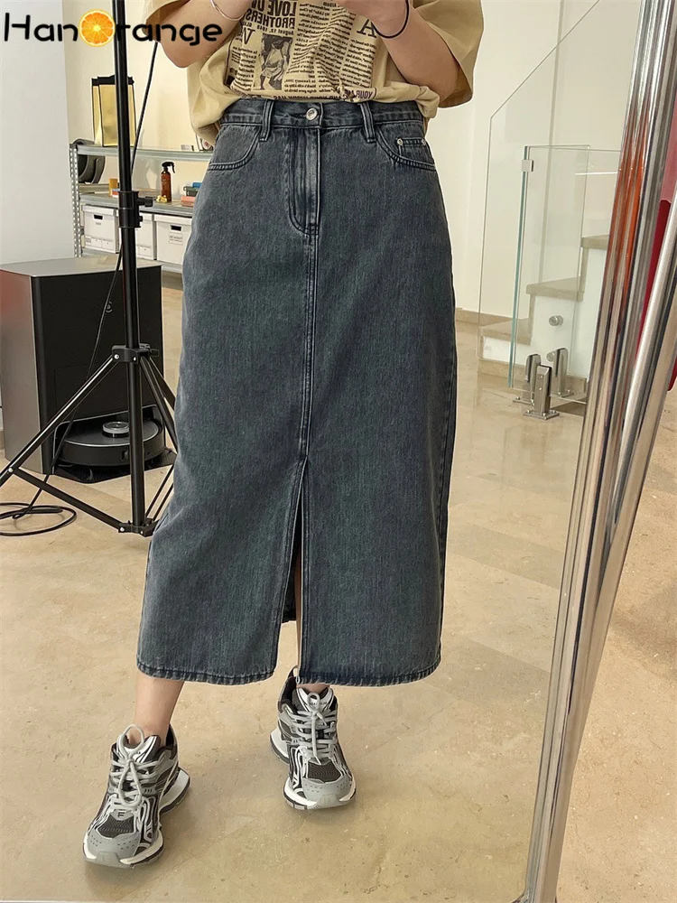 

HanOrange 2022 Summer Vintage Fashion High Waist Denim Skirt Straight Casual Knee Length Skirt Front Split Gray Clothes Female
