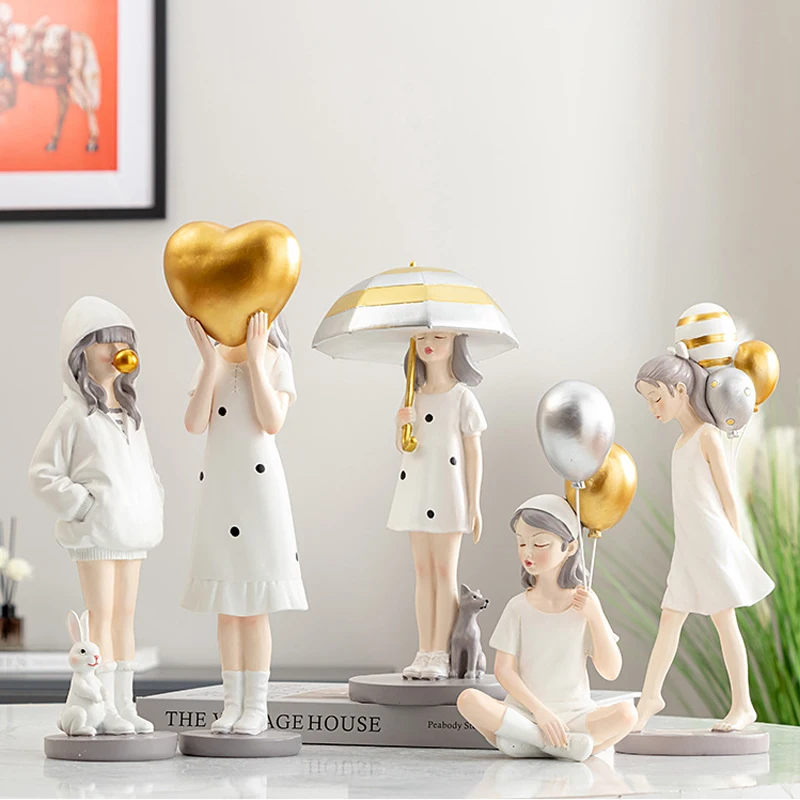 

Nordic White Balloon Girl Sculpture Resin Figurine Girls Room Ornament Cute Girl Statue Living Room Desktop Decoration Gift