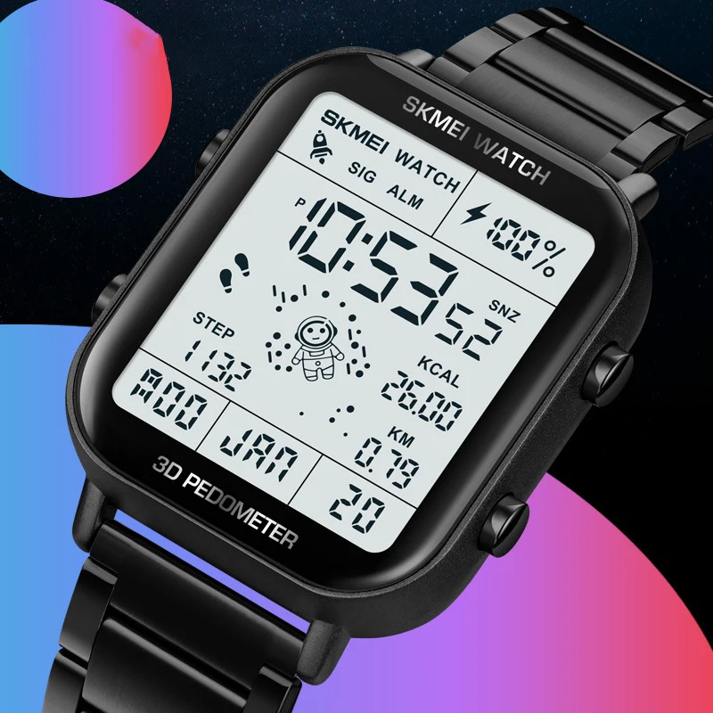 

Skmei Multifunctional Pedometer Metal Steel Strap Men'S Electronic Watch LED Fashion Outdoor Sports Calorie Counting Watch