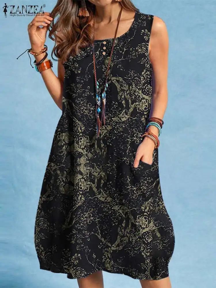 

ZANZEA Summer Vintage Women Floral Printed Knee-length Dress Robe Femme Casual Beach Party Vestido Sarafans Sleeveless Sundress