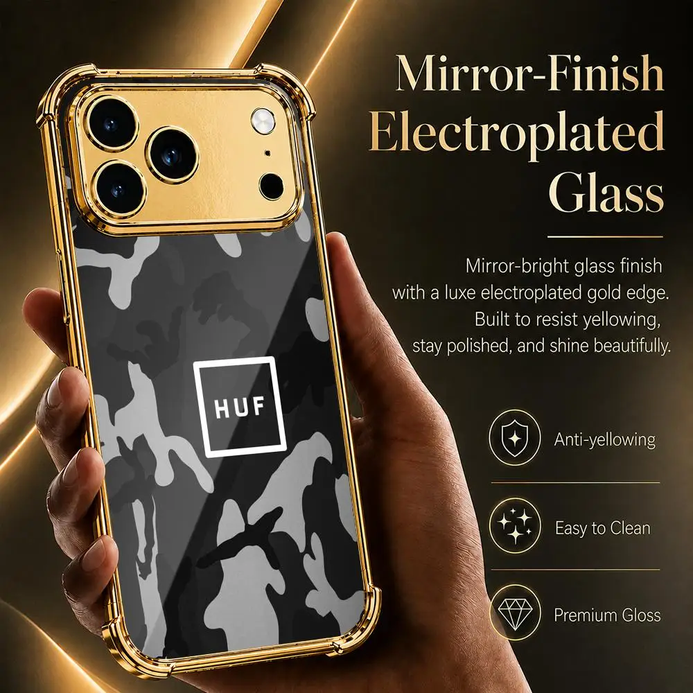 Фото Чехол для телефона Fashion Brand H-HUFs для iPhone 17 16 15 14 13 12 Pro Max Plus с гальванизированным металлическим каркасом и защитными уголками. №4