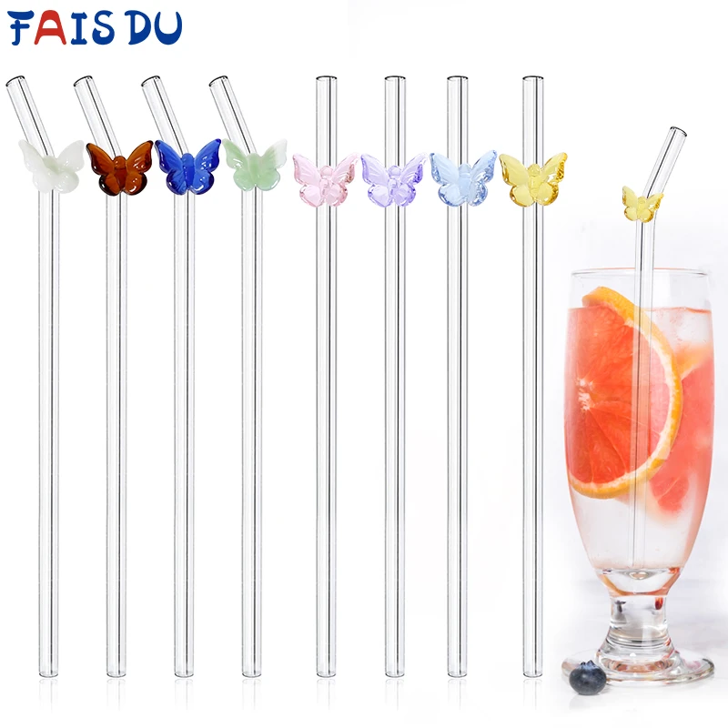 

FAIS DU Reusable Drinking Glass Straws with Butterfly for Smoothies Cocktails Bar Eco-Friendly Drinkware Straw with Clean Brush