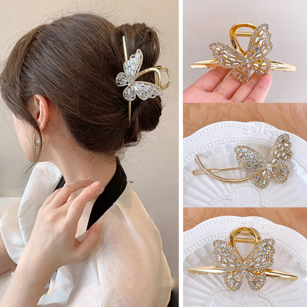 

New Large Shark Clip Metal Butterfly Hair Claw For Women Rhinestone Hairpin Dish Up Hair Clips Gripper Claws Ponytail Claw Clip