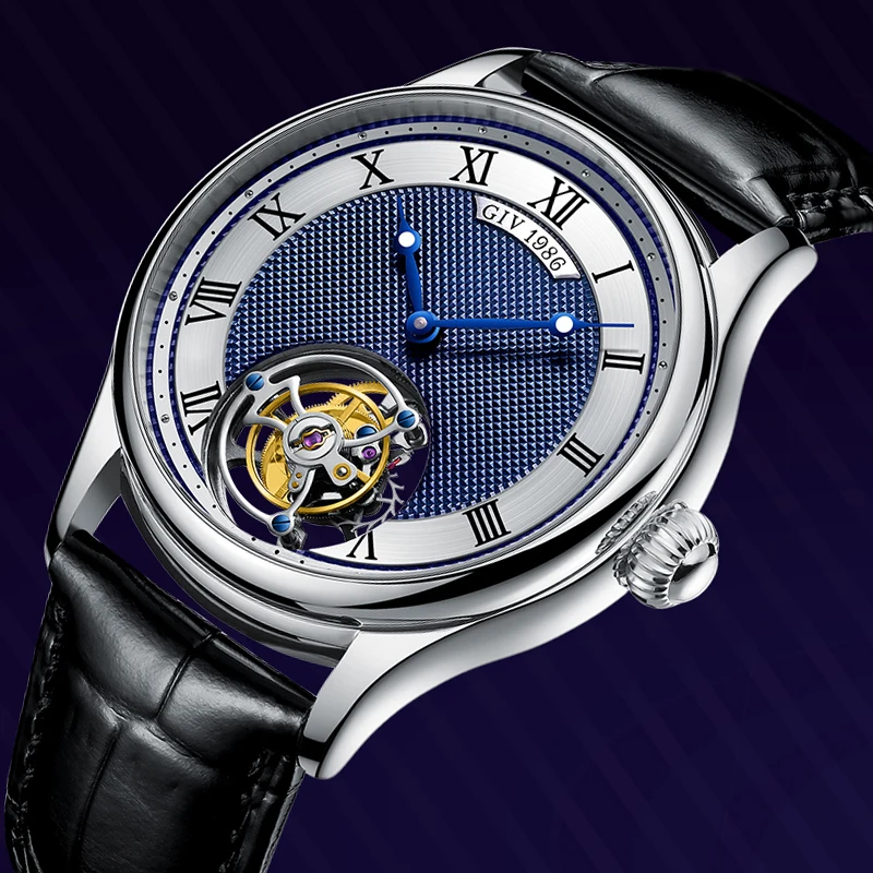 

Tourbillon часы GIV Роскошные сапфировые водонепроницаемые наручные часы настоящий турбийон движение синий cluus de Paris циферблат кожаный ремешок