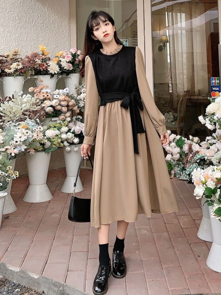 

HOUZHOU Vintage Long Sleeve Dress Women Elegant Fake Two Pieces Patchwork Puff Sleeve 2023 Spring Korean Fashion Female Robe