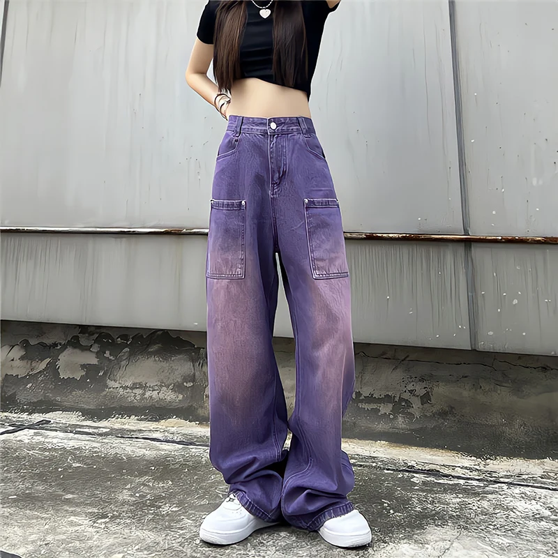 

High Style Gradient Waist Pants Trousers Washed Color Baggy Cargo Women Boyfriend Y2k Mopping Denim Jeans Straight Purple