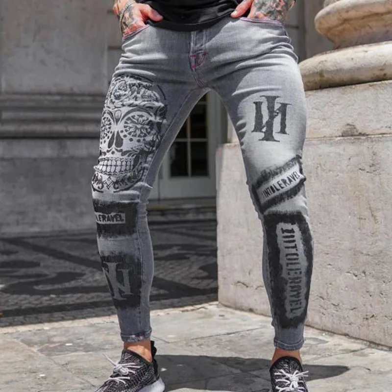 Men Jeans Stretch Denim Skinny Pants Slim Fit Printed Gray Jeans Causal High Wasit Printed Zipper Fly Male Denim Pencil Trousers