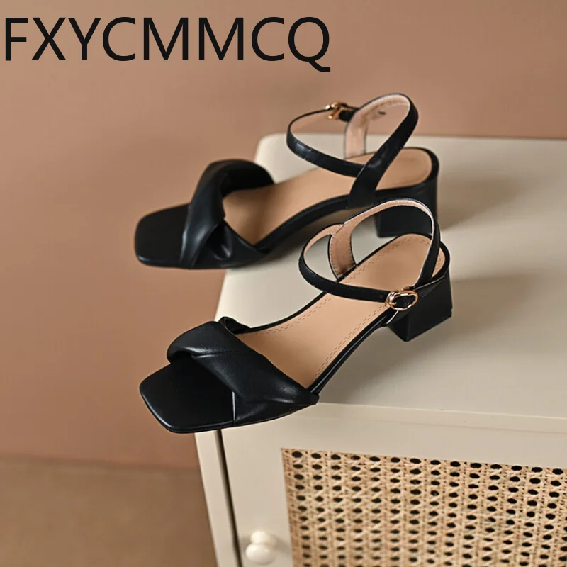 FXYCMMCQ 2023 New Leather Peep-toe Mid-heel Square Head Temperament Women Sandals Size 32-46 23-24