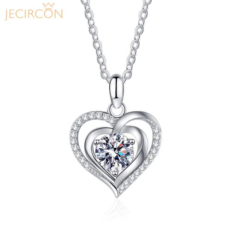 

JECIRCON 1 Carat Moissanite Necklace for Women Ocean Heart Clavicle Chain Double Heart Pendant s925 Sterling Silver Holiday Gift