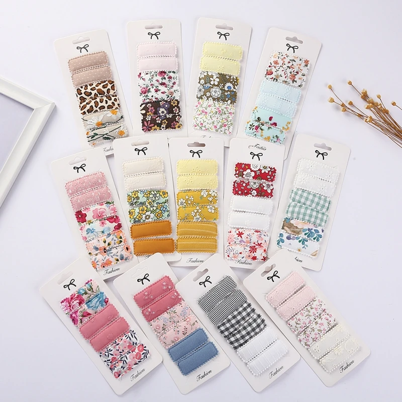 

6Pcs Kids Baby Rectangle Small Hair Clips Sweet Floral Cloth Cover Snap Barrette