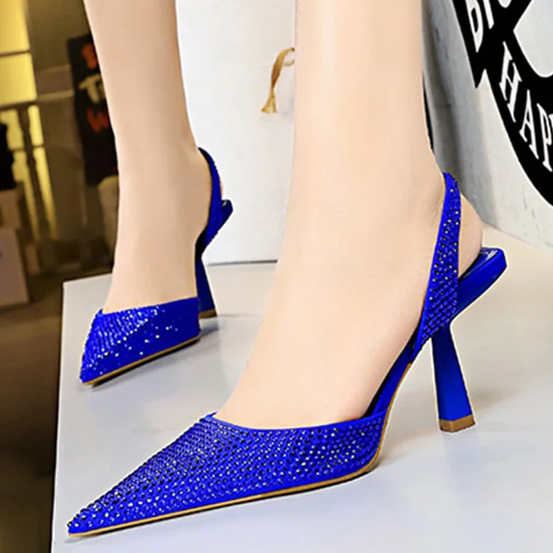 TRAF Elegant Slingback High Heel Woman Pumps Female Gold Black Blue Rhinestone Heels Sandals Stiletto Heels Office Lady Shoes