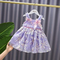 children cotton sweet dress girls bow sleeveless princess summer baby purple flower net veil vestidos