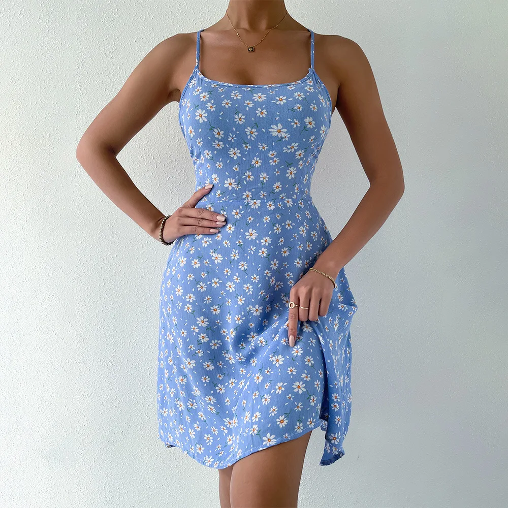 

Holiday beach mini blue print dress dresses new high waist floral short suspender strapless sexy dress female 2022 summer