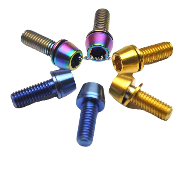 

Various Colorful M5 M6 x 16/18/20/25/30mm TC4 GR5 Titanium Alloy Cone Head Bolts Screws With Washer For Bicycle Handlebar DIY