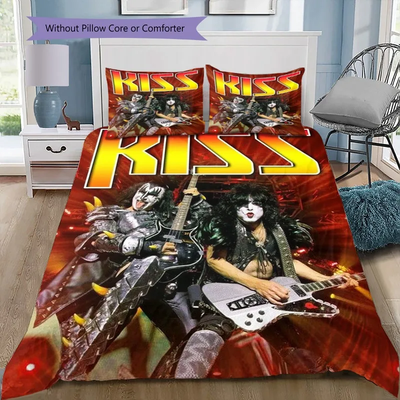 Фото Комплект постельного белья Kiss Band Rock Music с портретом Джина Симмонса, пододеяльник и наволочки, декор для спальни для фанатов хэви-метала №2
