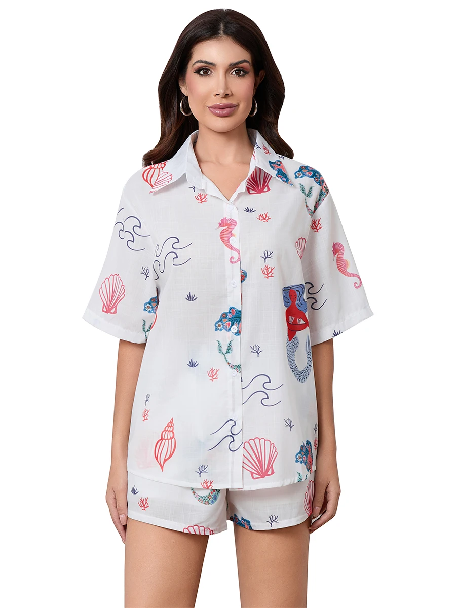 Женский комплект из 2 предметов Y2K рубашка с коротким рукавом и пуговицами шорты