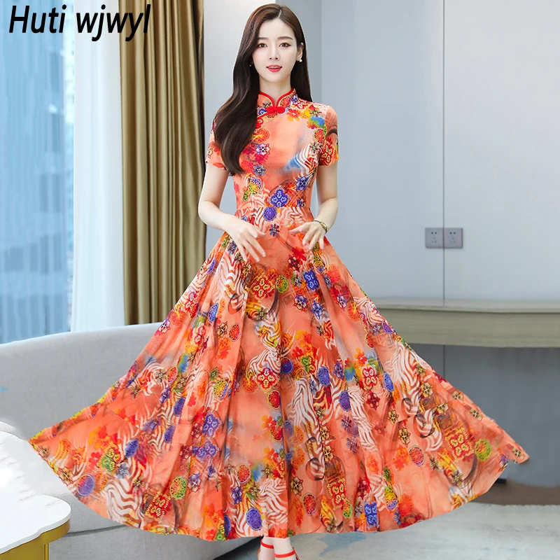 

Женское шифоновое платье макси в китайском стиле, элегантное облегающее длинное платье с воротником-стойкой в винтажном стиле для вечерние...