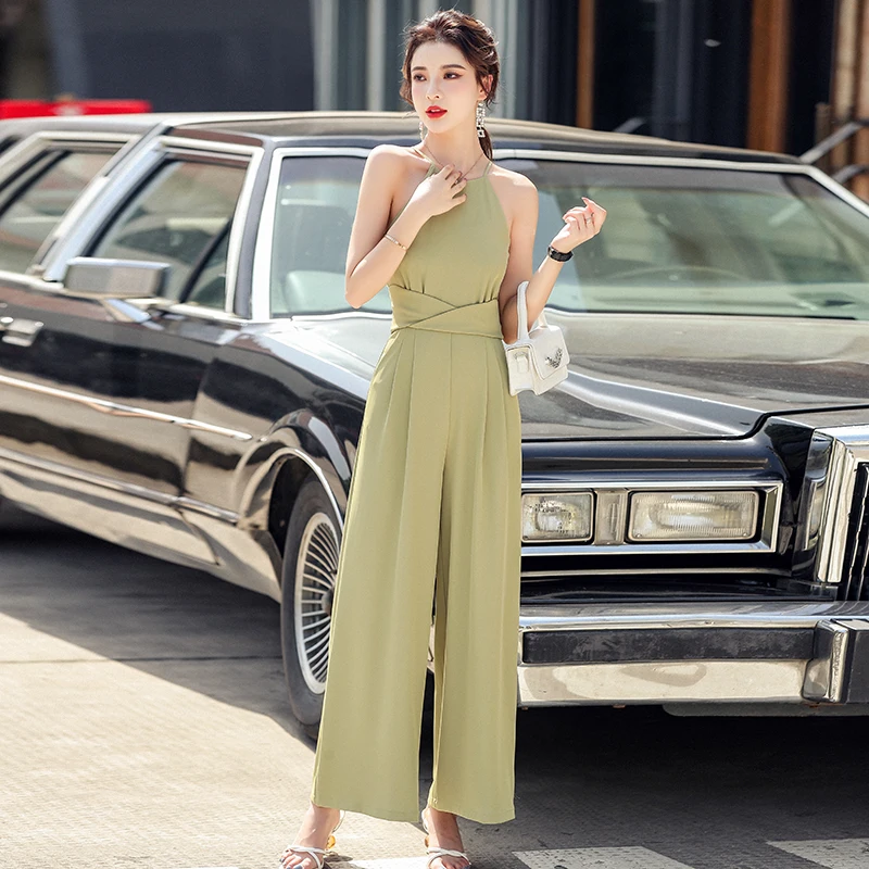 Summer Elegant Halter Solid Jumpsuit Women Outfit Bandage High Waist Orange Rompers Koren Clothes Female Playsuits Lady Overalls