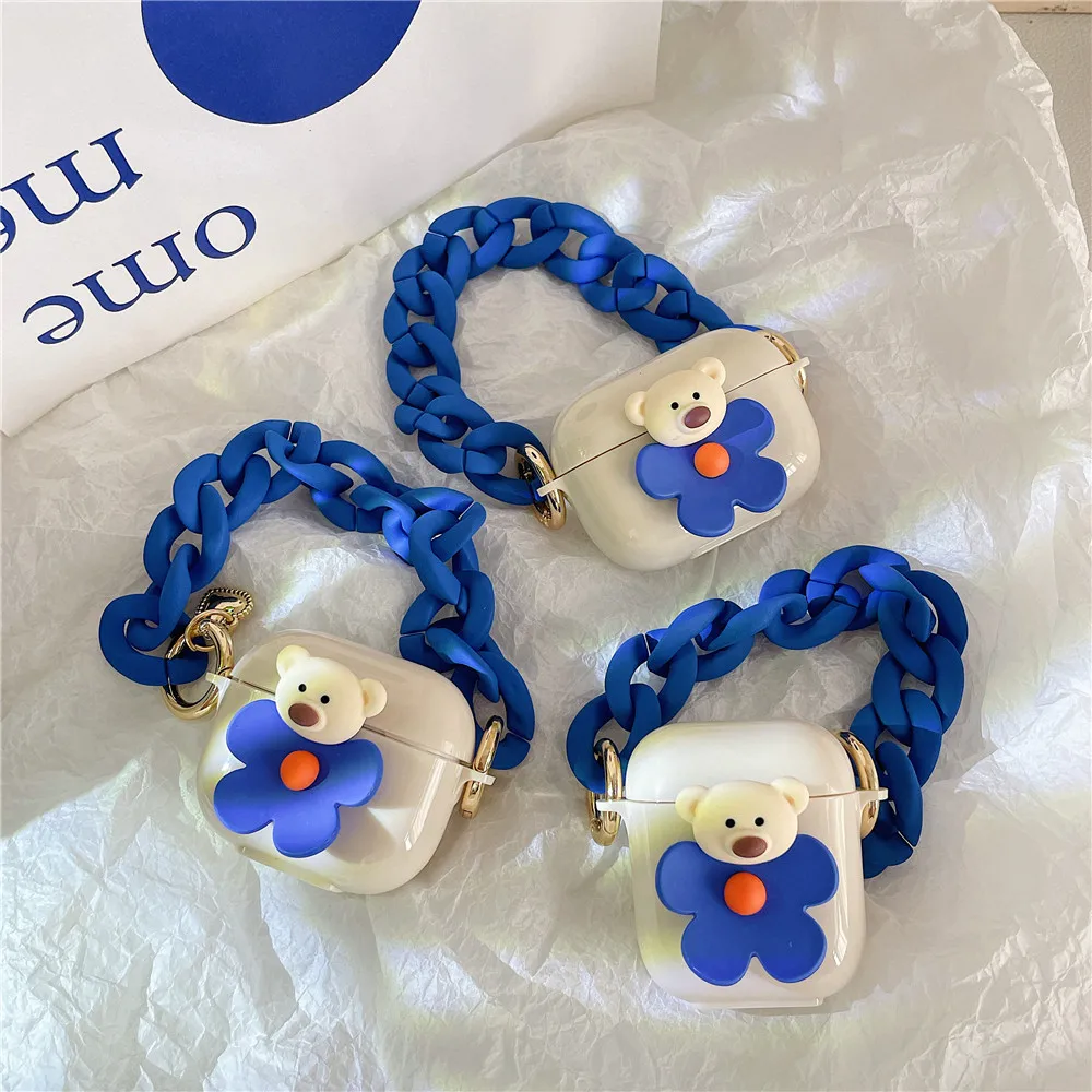 

Для Airpods Pro 3 2 1 Чехлы 3D Bear с голубым браслетом Klein защитный чехол для наушников Apple Airpod зарядная коробка аксессуары
