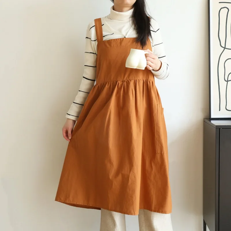 

Aprons Cotton Nordic Fashion Simple Solid Color Waterproof Antifouling Enlarged Widened Strap Apron Kitchen Cooking Apron Dress