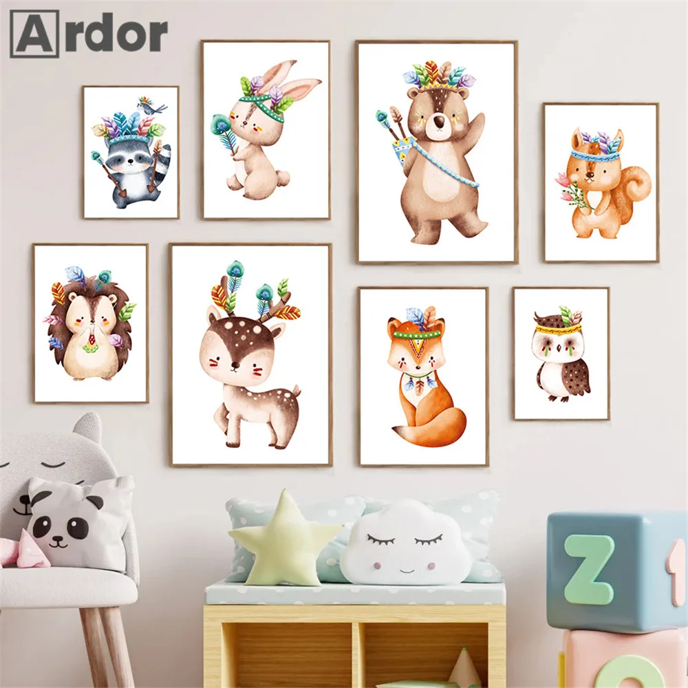 

Настенная картина с лесными животными, лисицей, оленем, Кроликом, медведем, Картина на холсте в джунглях, настенный постер в скандинавском с...