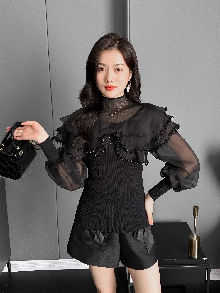 Модный уличный модный лоскутный сетчатый пуловер с рюшами и высоким воротником