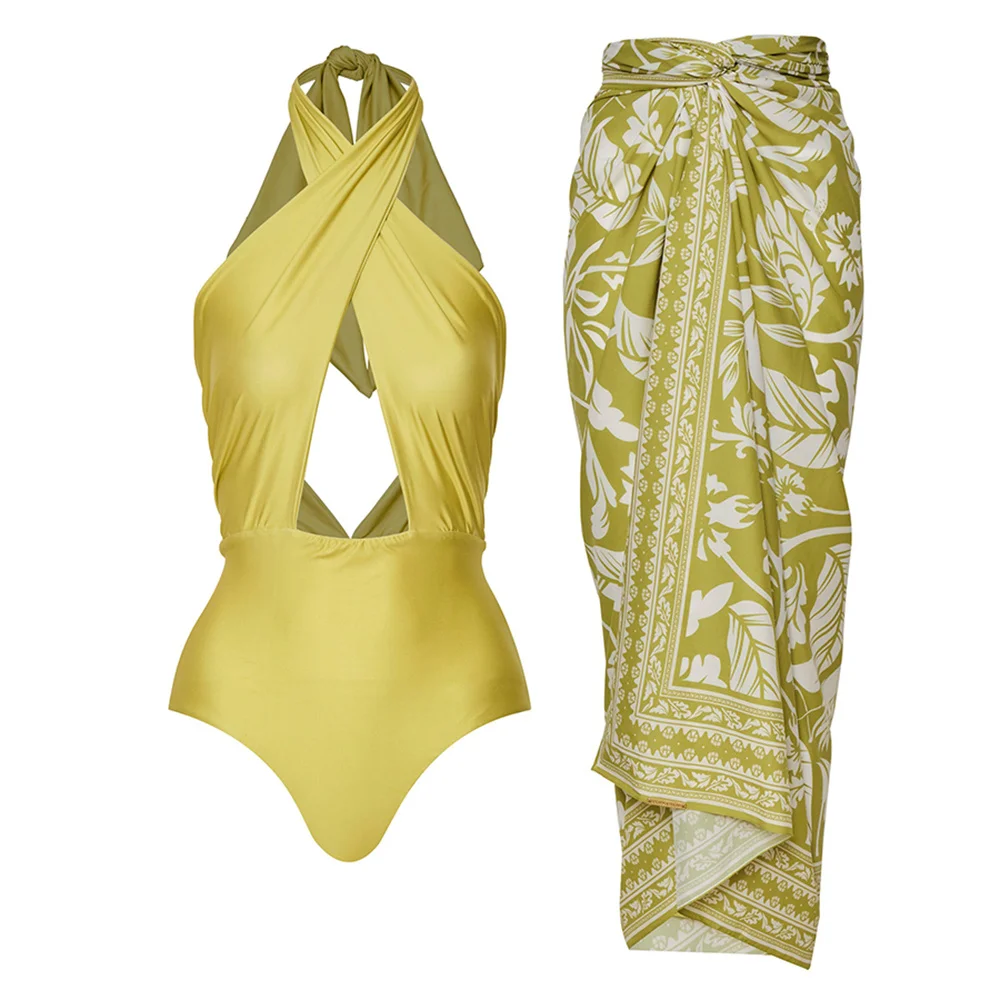 

Однотонный слитный купальник с перекрестной лямкой через шею, модное бикини с открытой спиной, соблазнительное платье для бассейна с брете...