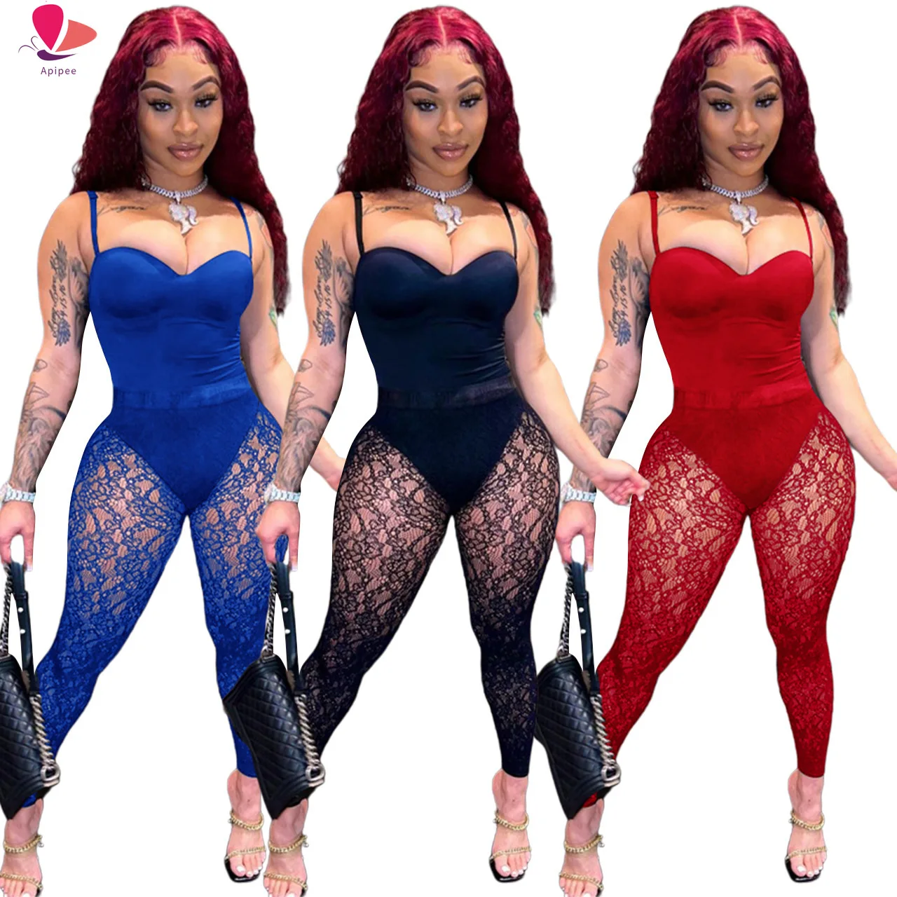 

APIPEE Solid Tube Top Spaghetti Strap Bodysuit + Sexy See Through Lace Patchwork Trousers Two-piece Set Nightclub Party Outfits