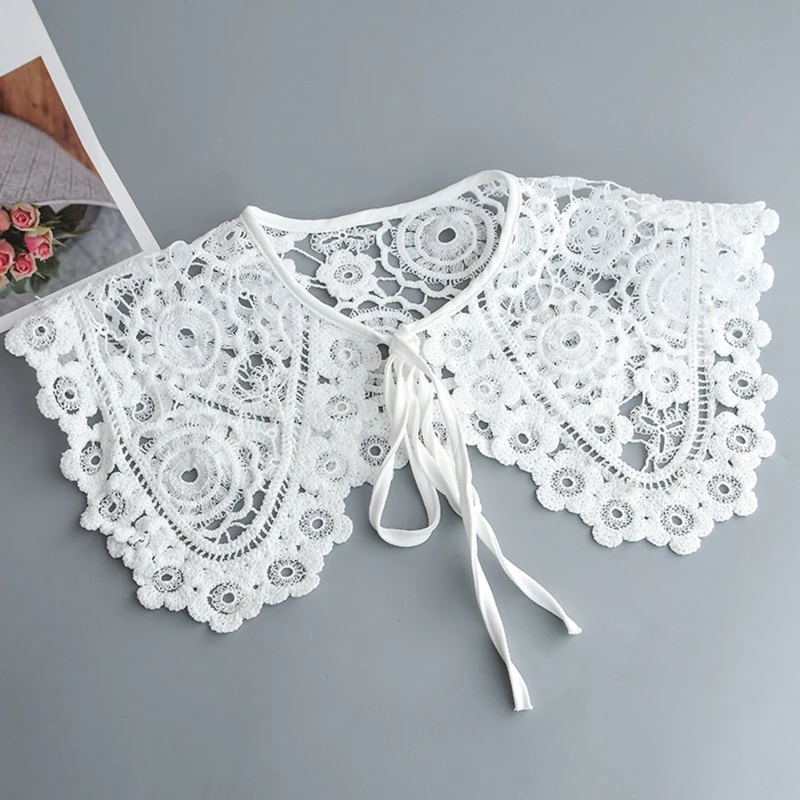 

Vintage Palace Style Womens Doll False Fake Collar Hollow Out Crochet Lace Half Shirts Necklace Shawl with Imitation Bowtie