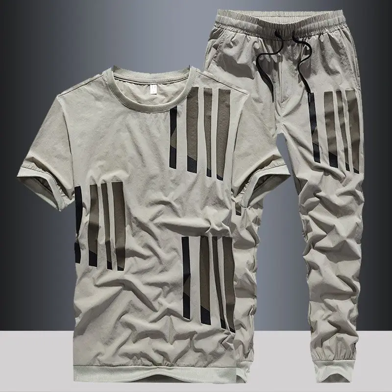 Men's Summer Sports Leisure Ice Silk Thin Fashion Trend Fitness Short Sleeve T-Shirt Trousers Two-Piece Set