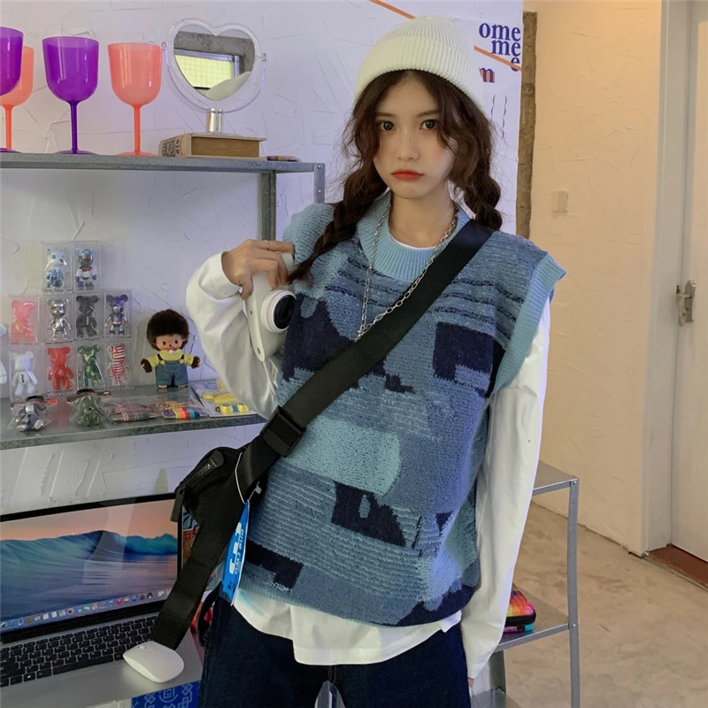 

Winter Women's Clothing Sweater Vest Korean Fashion Leisure Loose Retro Blue Contrasting Colors Pullover Knitting Short Tops